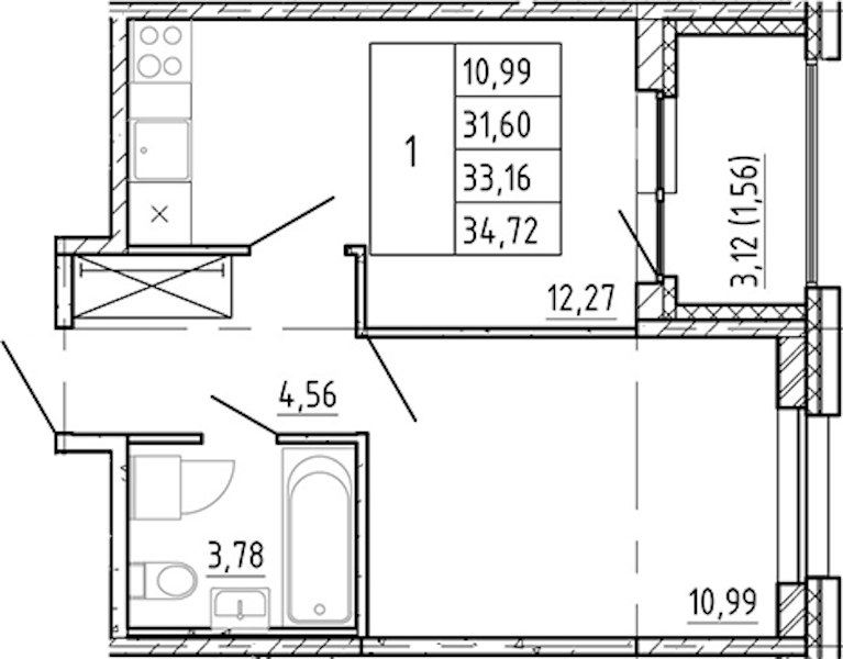 1-комнатная квартира 31.6 м², 10/12 эт., ЖК «Полис Новоселье»